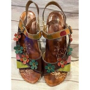 Spring Step Belladonna Colorful Leather Flower Wedge Sandals EU41 Fits US9.5/10